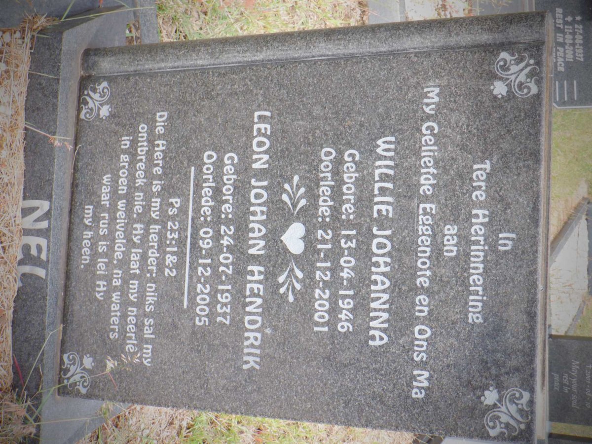 NEL Leon Johan Hendrik 1937-2005 &amp; Willie Johanna 1946-2001