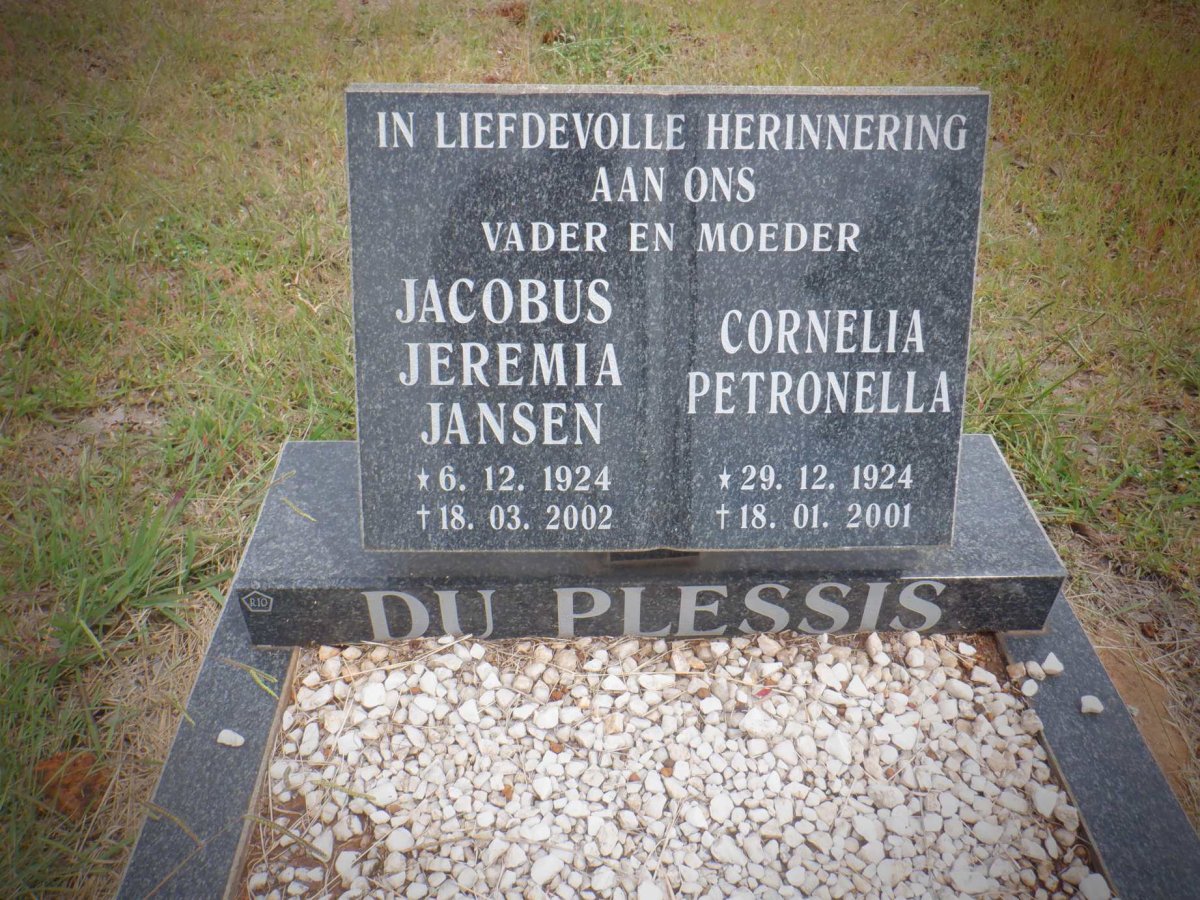 PLESSIS Jacobus Jeremia Jansen, du 1924-2002 &amp; Cornelia Petronella 1924-2001