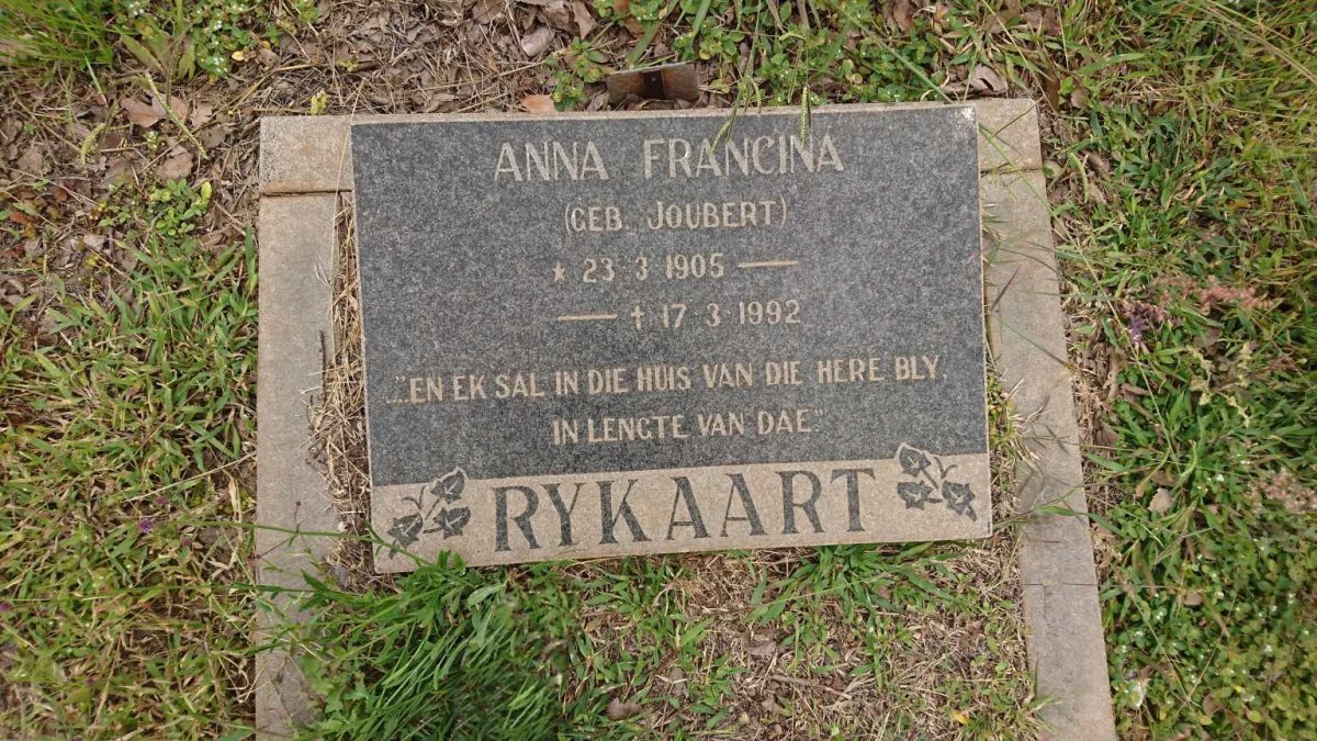 RYKAART Anna Francina nee JOUBERT 1905-1992