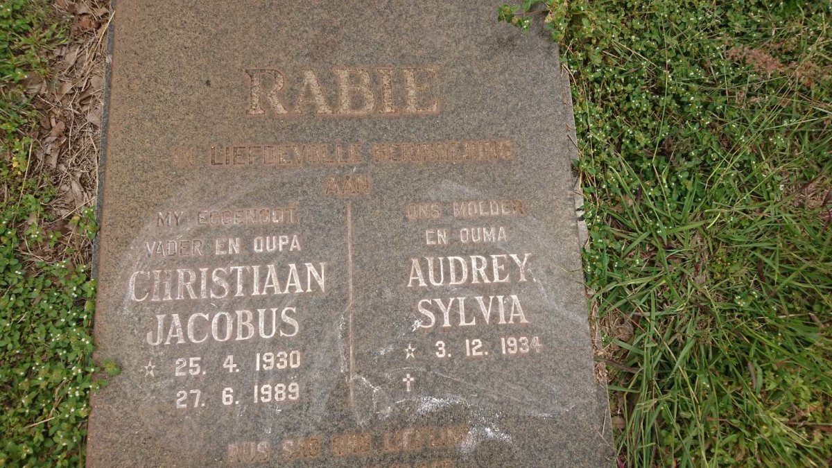 RABIE Christiaan Jacobus 1930-1989 &amp; Audrey Sylvia 1934-