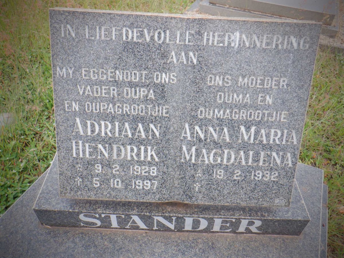 STANDER Adriaan Hendrik 1928-1997 &amp; Anna Maria Magdalena 1932-
