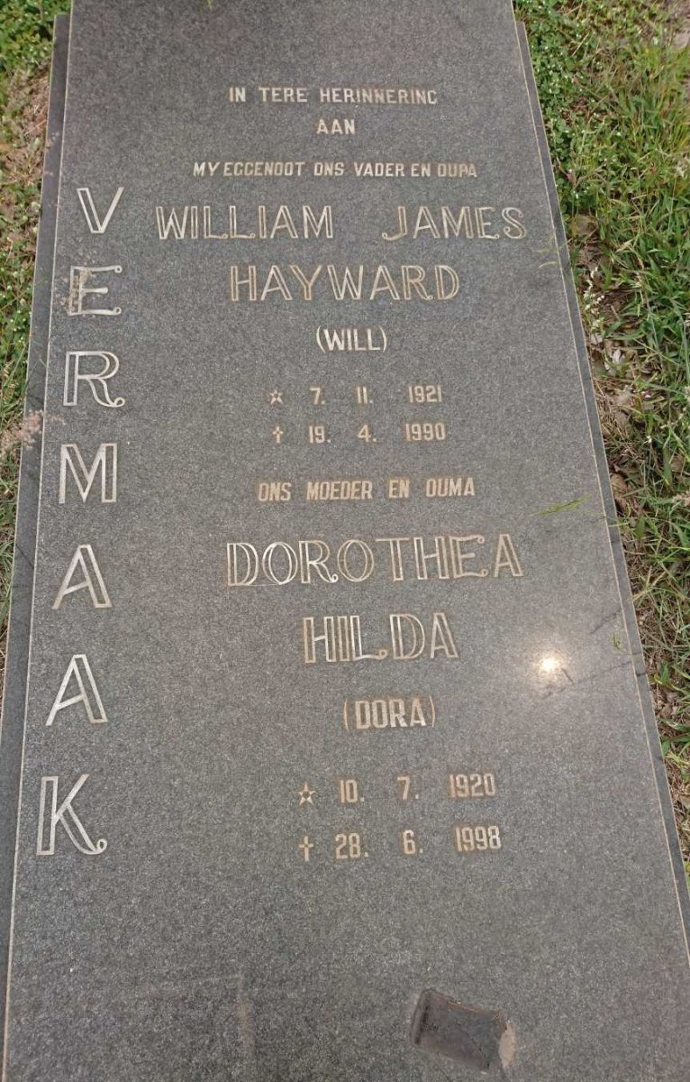 VERMAAK William James Hayward 1921-1990 &amp; Dorothea Hilda 1920-1998