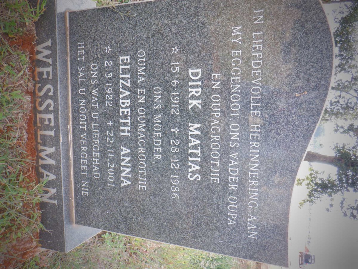 WESSELMAN Dirk Matias 1912-1986 &amp; Elizabeth Anna 1922-2001