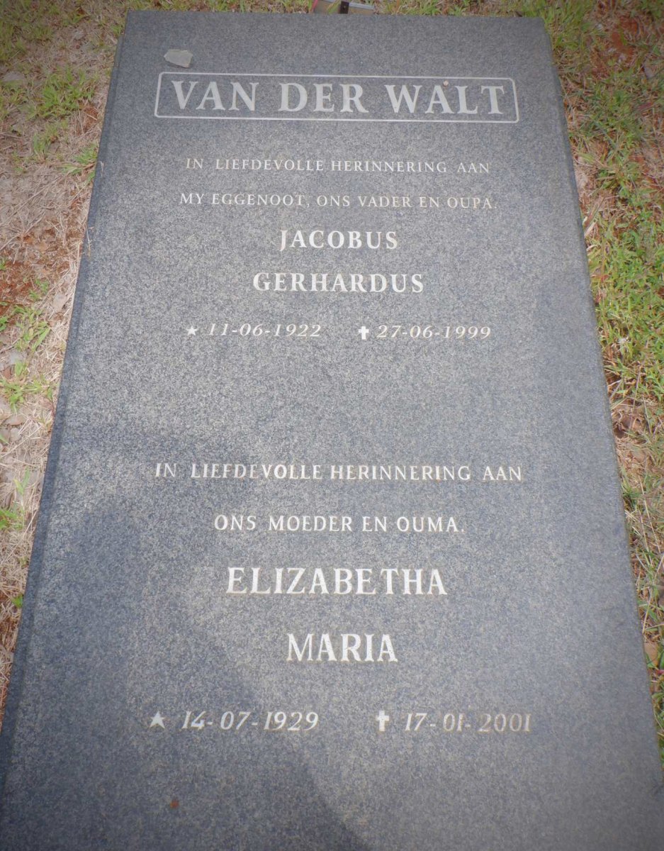 WALT Jacobus Gerhardus, van der 1922-1999 &amp; Elizabeth Maria 1929-2001