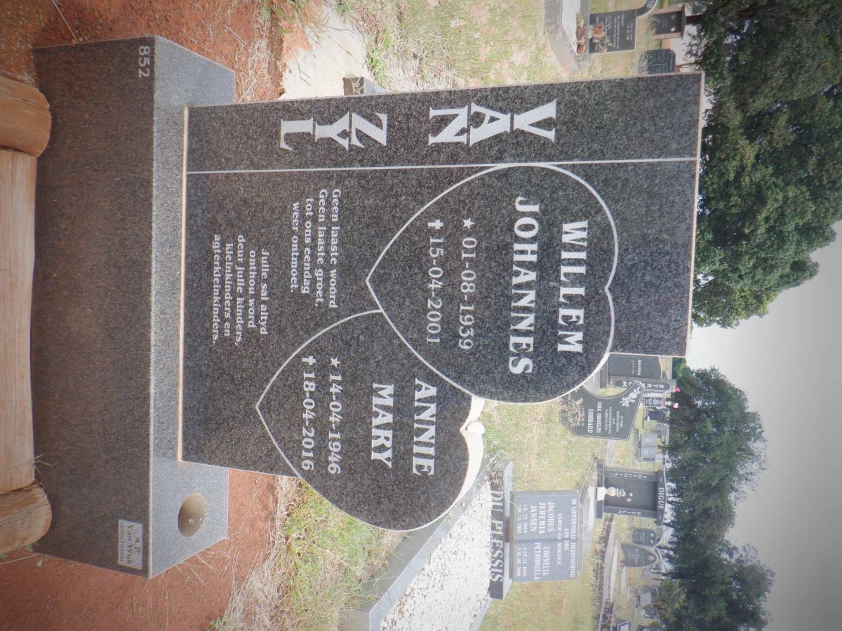ZYL Willem Johannes, van 1939-2001 &amp; Annie Mary 1946-2016