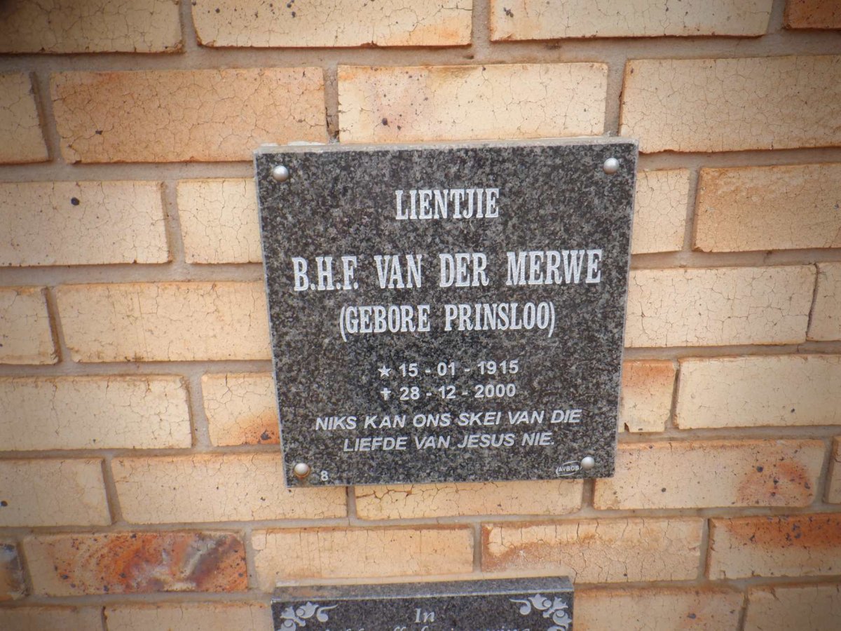 MERWE B.H.F., van der nee PRINSLOO 1915-2000