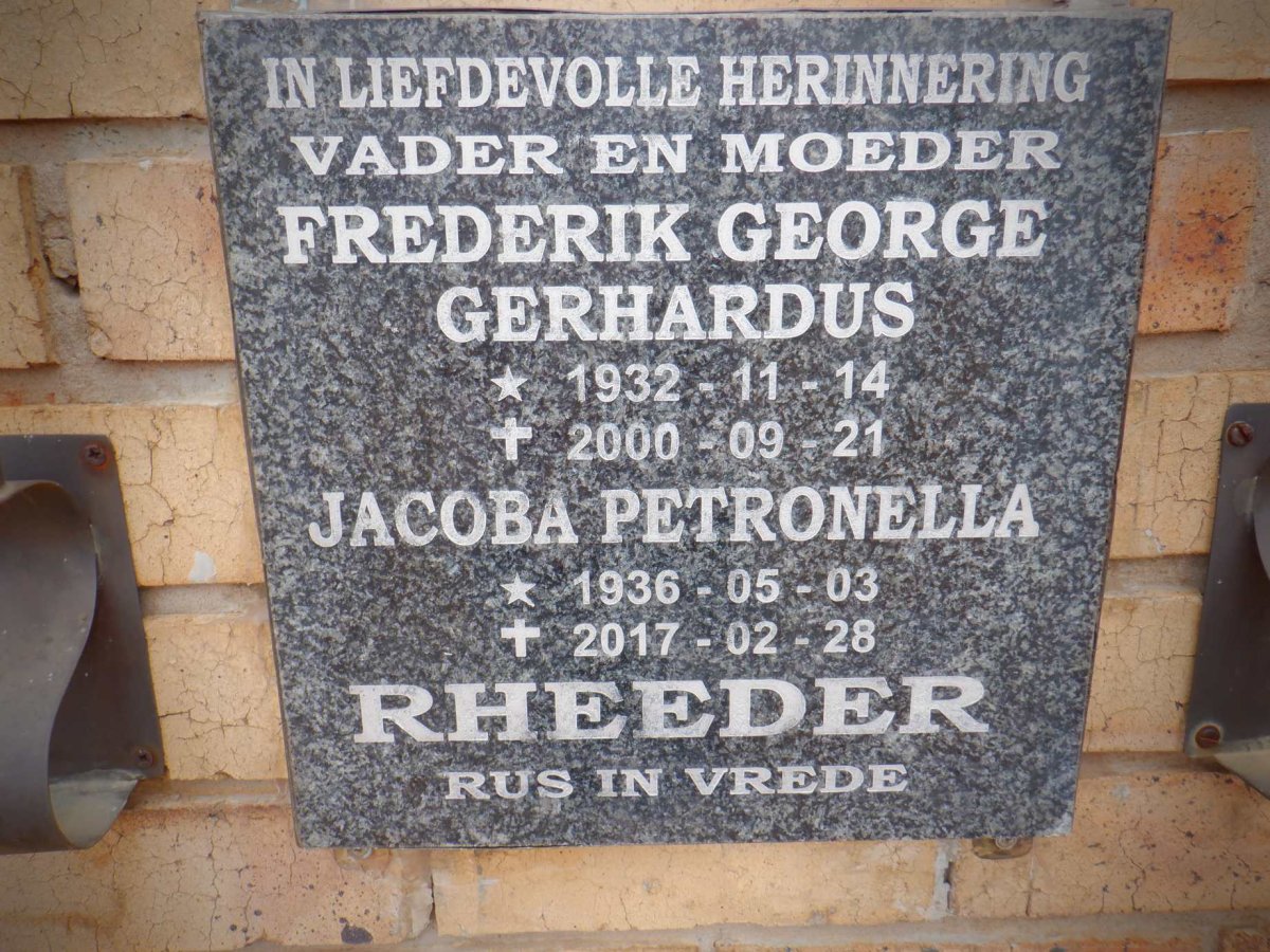 RHEEDER Frederik George Gerhardus 1932-2000 &amp; Jacoba Petronella 1936-2017
