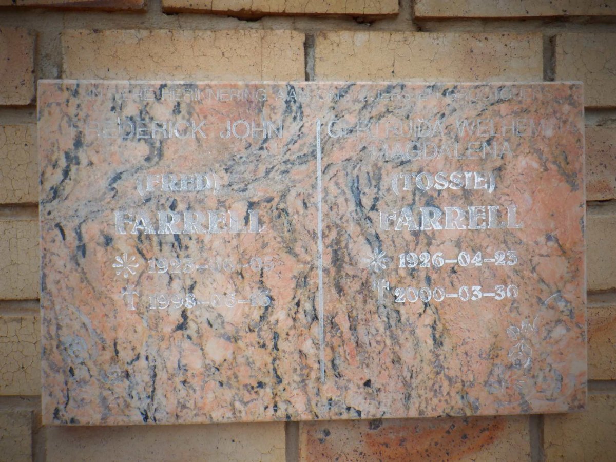 FARRELL Frederick John 1923-1998 &amp; Gertruida Welhemina Magdalena 1926-2000