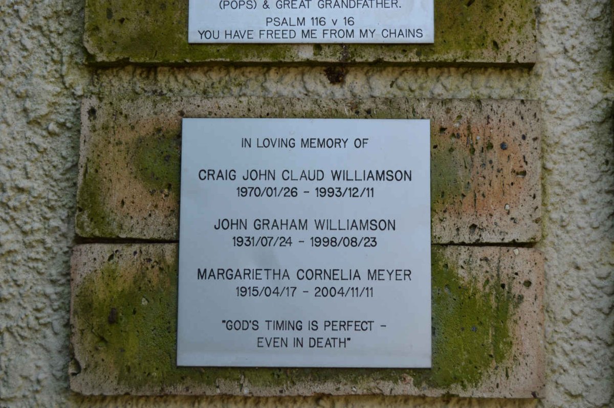 MEYER Margarietha Cornelia 1915-2004 :: WILLIAMSON John Graham 1931-1998 :: WILLIAMSON Craig John Claud 1970-1993