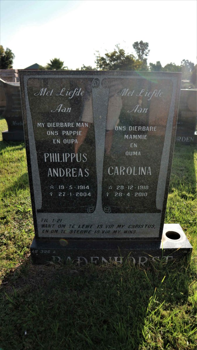 BADENHORST Philippus Andreas 1914-2004 &amp; Carolina 1918-2010