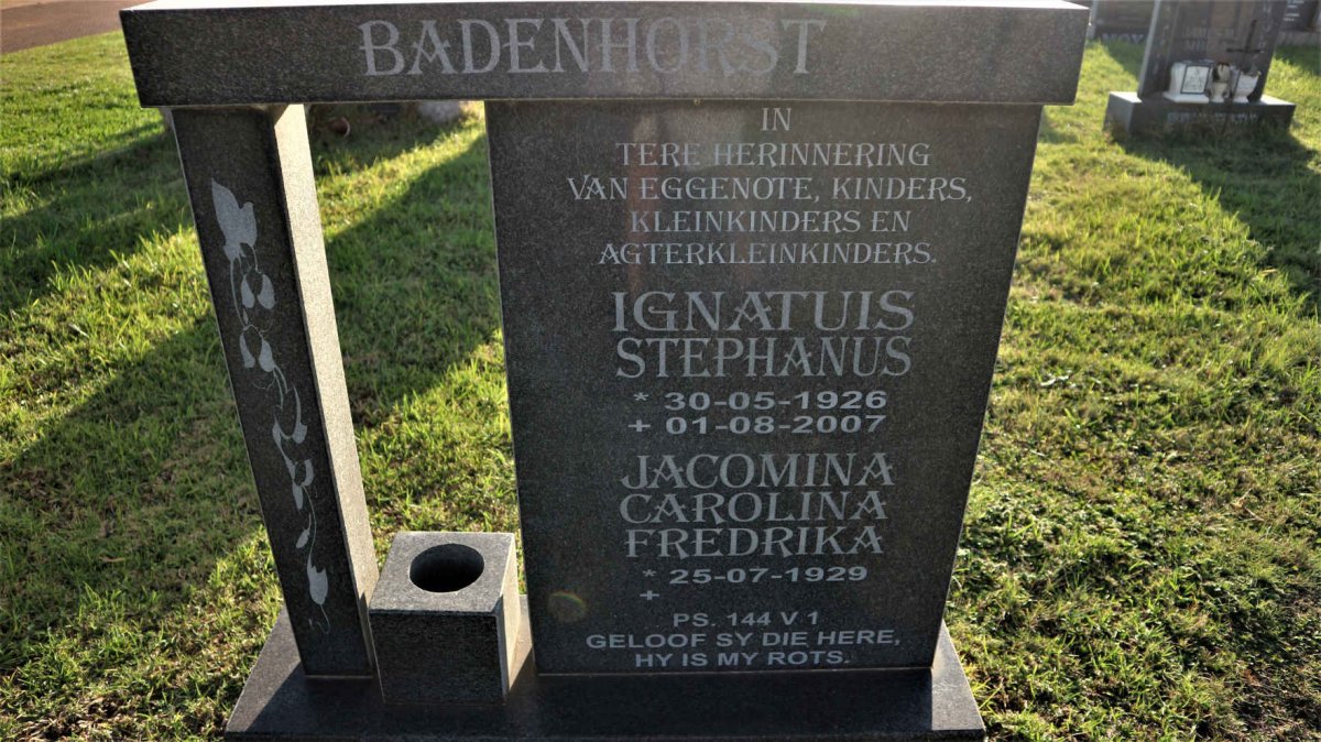 BADENHORST Ignatuis Stephanus 1926-2007 &amp; Jacomina Carolina Fredrika 1929-