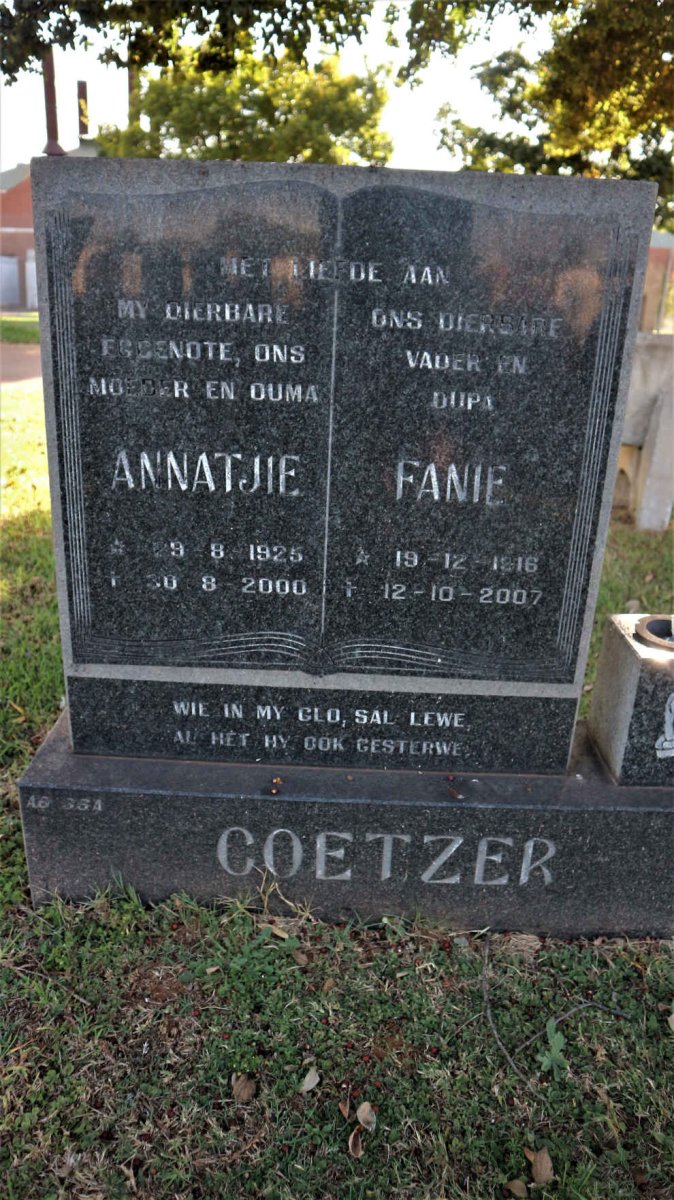 COETZER Fanie 1916-2007 &amp; Annatjie 1925-2000