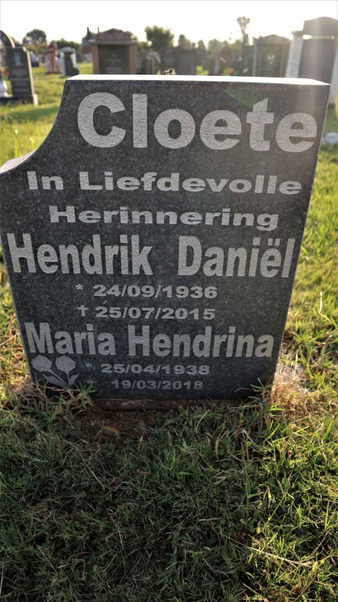 CLOETE Hendrik Daniel 1936-2015 &amp; Maria Hendrina 1938-2018