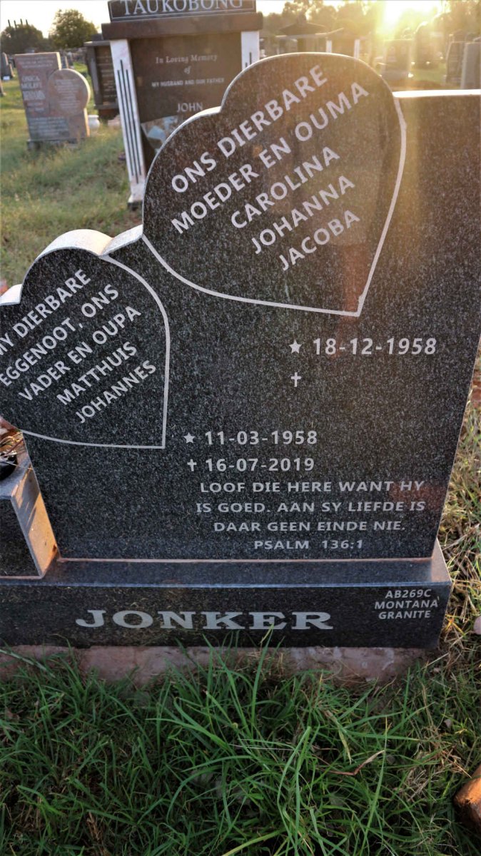 JONKER Matthuis Johannes 1958-2019 &amp; Carolina Johanna Jacoba 1958-