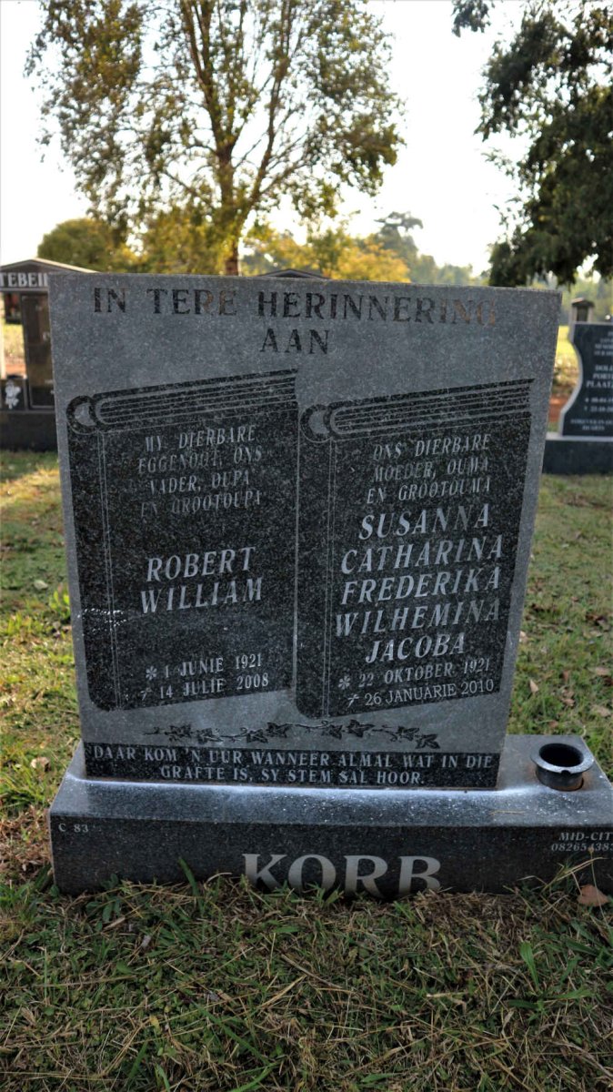 KORR Robert William 1921-2008 &amp; Susanna Catharina Frederika Wilhelmina Jacoba 1921-2010