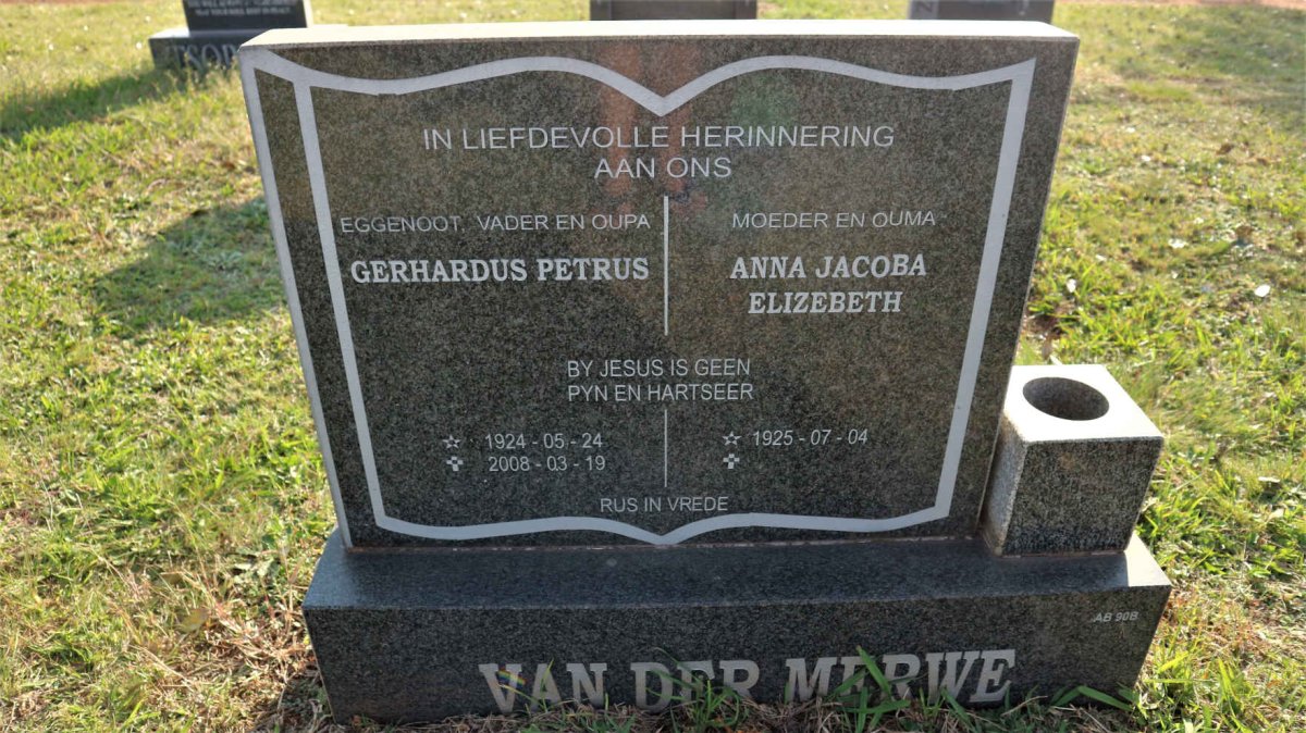 MERWE Gerhardus Petrus, van der 1924-2008 &amp; Anna Jacoba Elizebeth 1925-