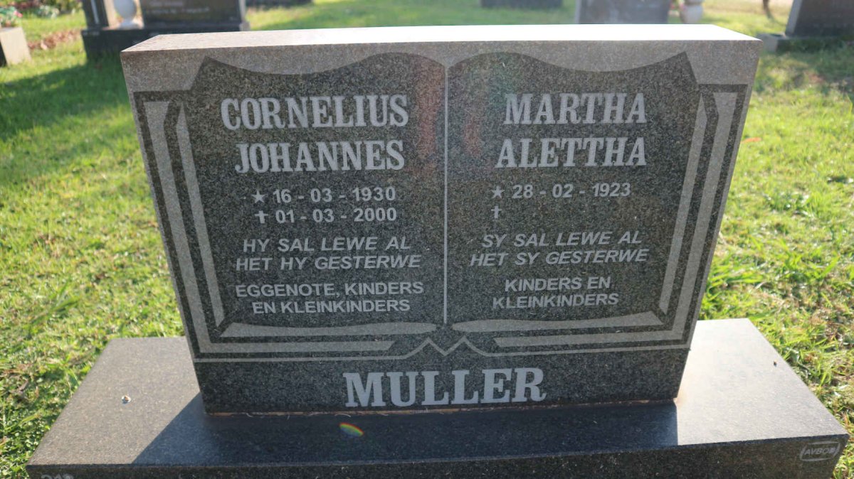MULLER Cornelius Johannes 1930-2000 &amp; Martha Alettha 1923-