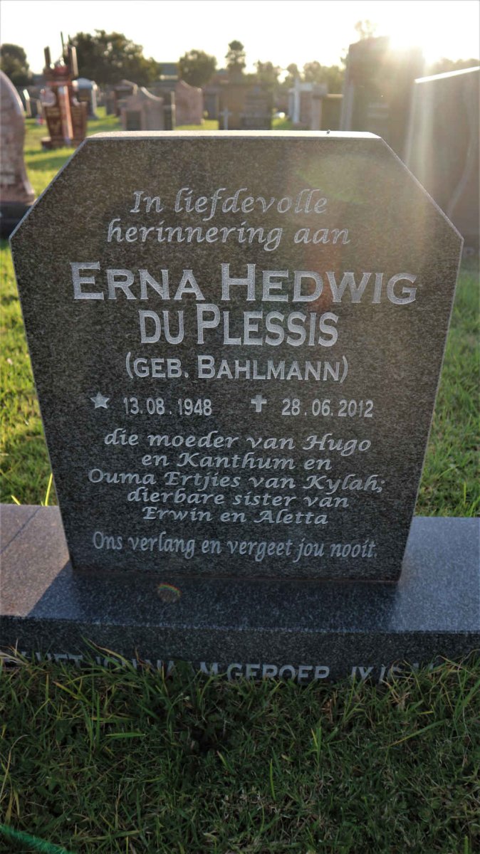 PLESSIS Erna Hedwig, du nee BAHLMANN 1948-2012