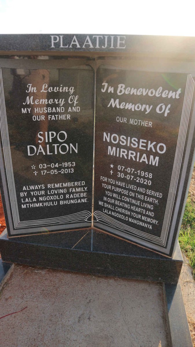 PLAATJIE Sipo Dalton 1953-2013 &amp; Nosiseko Mirriam 1958-2020