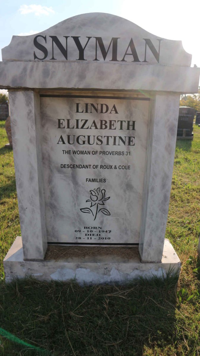 SNYMAN Linda Elizabeth Augustine 1947-2010