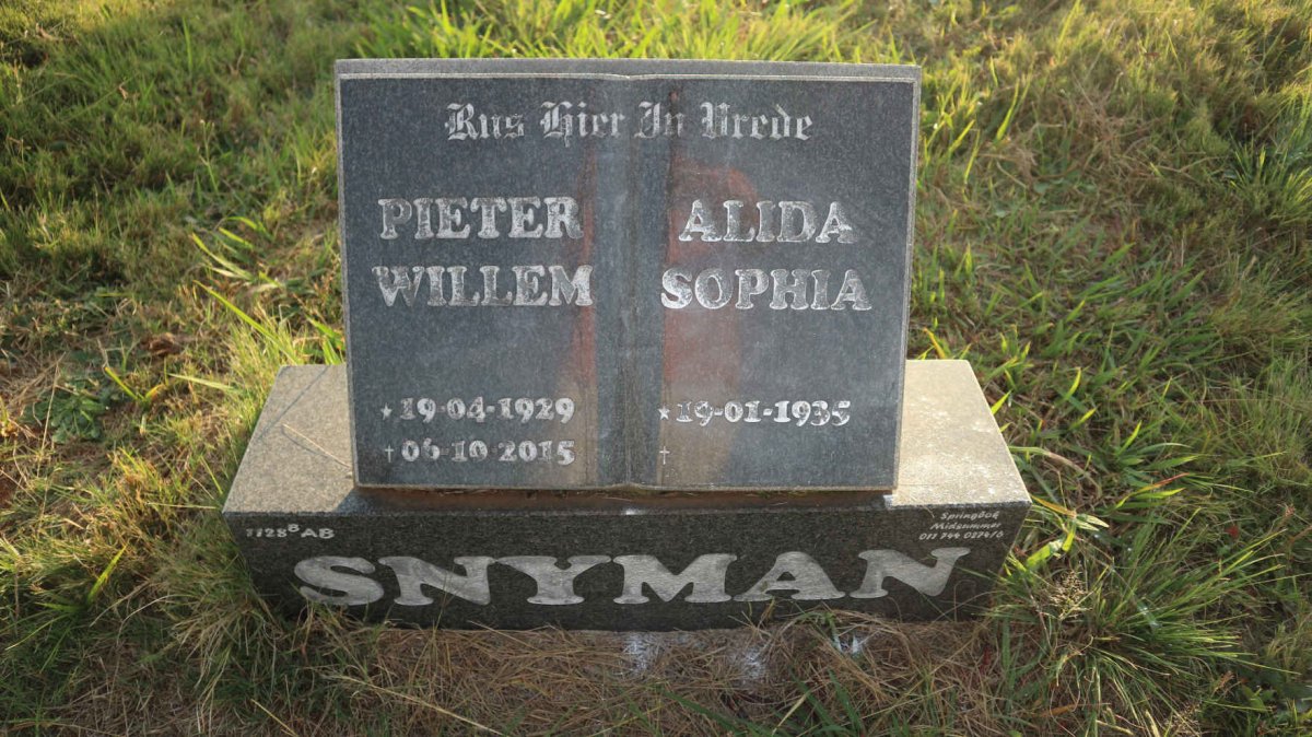 SNYMAN Pieter Willem 1929-2015 &amp; Alida Sophia 1935-
