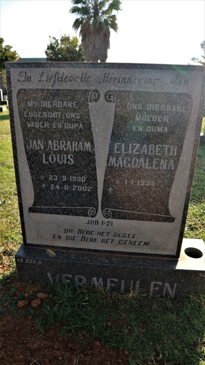 VERMEULEN Jan Abraham Louis 1930-2002 &amp; Elizabeth Magdalena 1935-