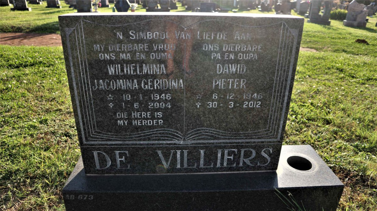 VILLIERS Dawid Pieter, de 1946-2012 &amp; Wilhelmina Jacomina Geridina 1946-2004