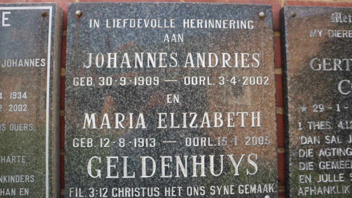 GELDENHUYS Johannes Andries 1909-2002 &amp; Maria Elizabeth 1913-2005