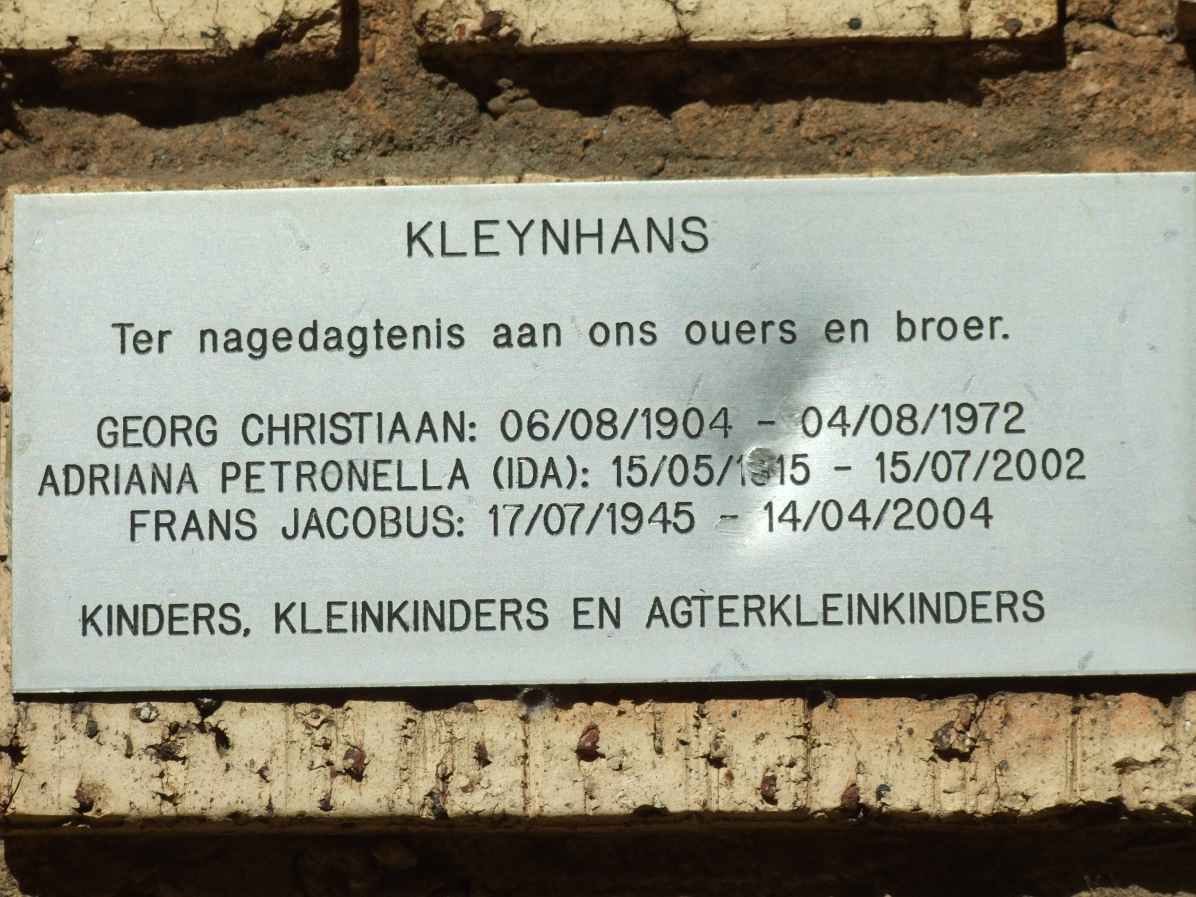 KLEYNHANS Georg Christiaan 1904-1972 &amp; Adriana Petronella 1915-2002 :: KLEYNHANS Frans Jacobus 1945-2004