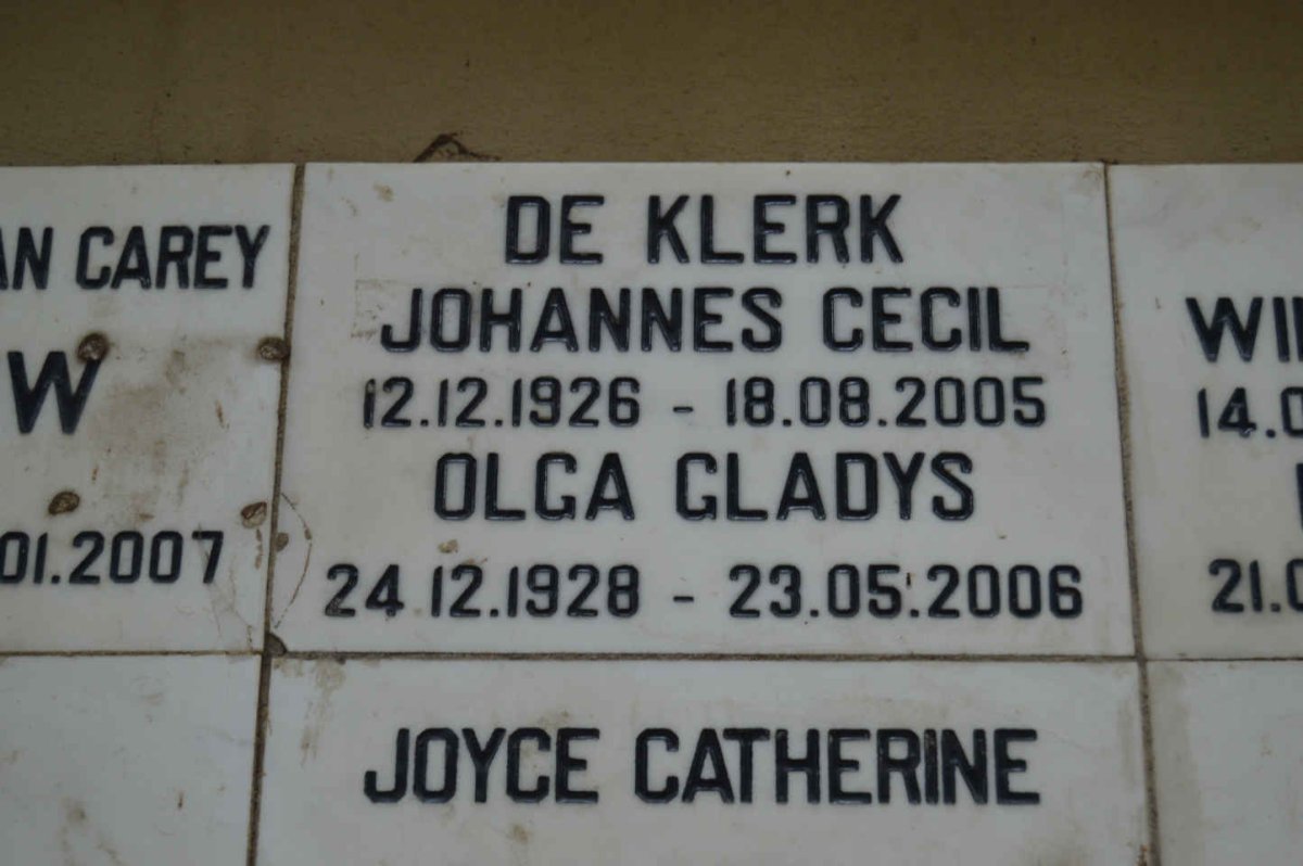 KLERK Johannes Cecil, de 1926-2005 &amp; Olga Gladys 1928-2006