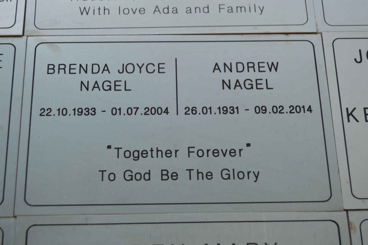 NAGEL Andrew 1931-2014 &amp; Brenda Joyce 1933-2004