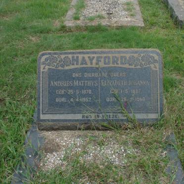 HAYFORD Andries Matthys 1870-1952 &amp; Elizabeth Johanna 1887-1960