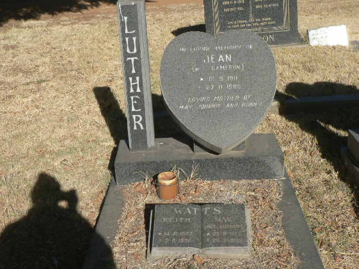 LUTHER Jean nee CAMERON 1911-1985 :: WATTS Keith 1927-1992 &amp; May LUTHER 1829-1998