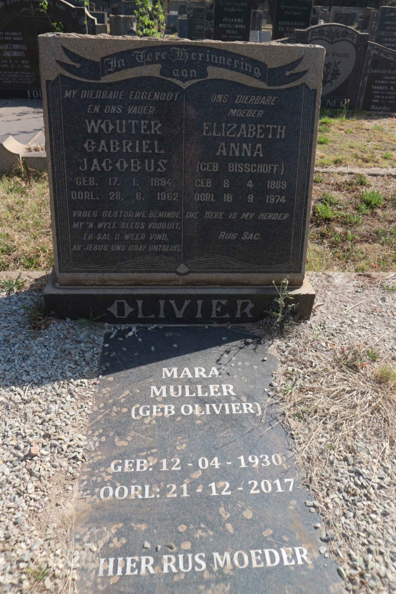 OLIVIER Wouter Gabriel Jacobus 1884-1962 & Elizabeth Anna BISSCHOFF 1889-1974 :: MULLER Mara nee OLIVIER 1930-2017