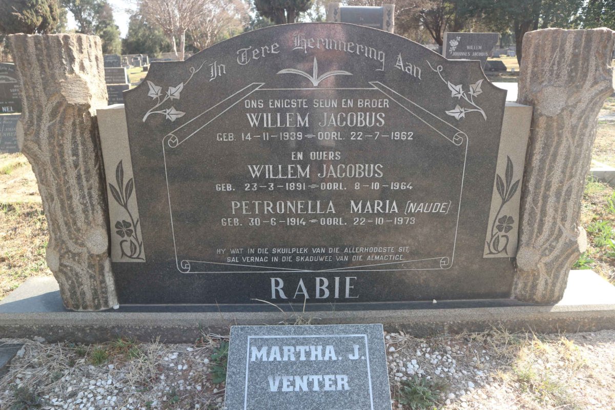 RABIE Willem Jacobus 1891-1964 & Petronella Maria NAUDE 1914-1973 :: RABIE Willem Jacobus 1939-1962 :: VENTER Martha J. 1934-2001_1