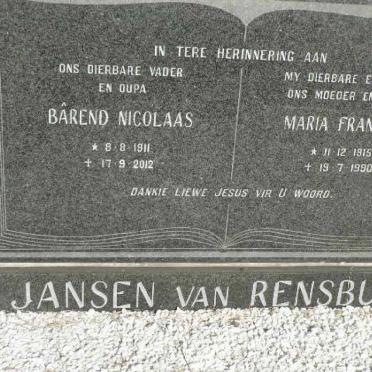 RENSBURG Barend Nicolaas, Jansen van 1911-1912 &amp; Maria Francina 1915-1990