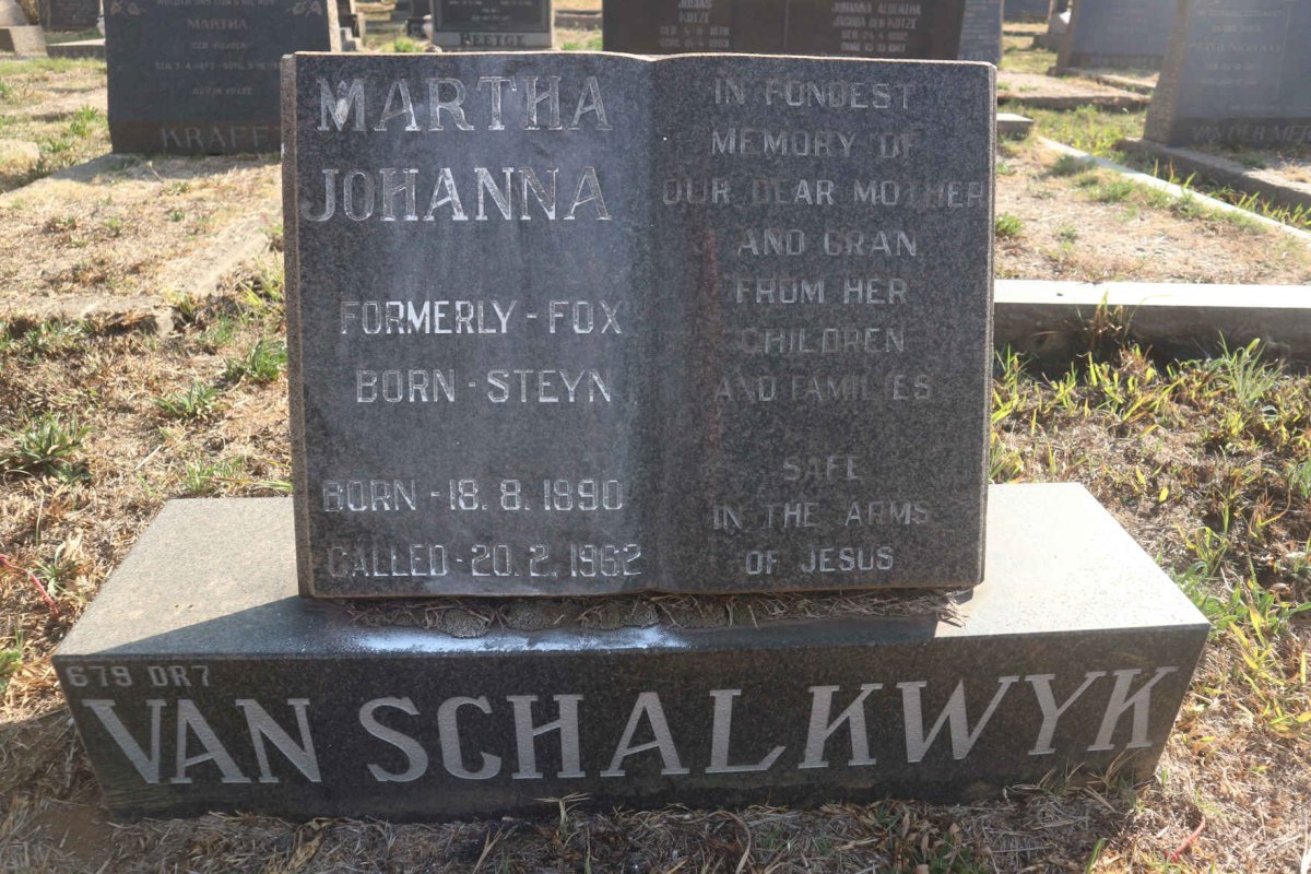 SCHALKWYK Martha Johanna, van formerly FOX nee STEYN 1890-1962