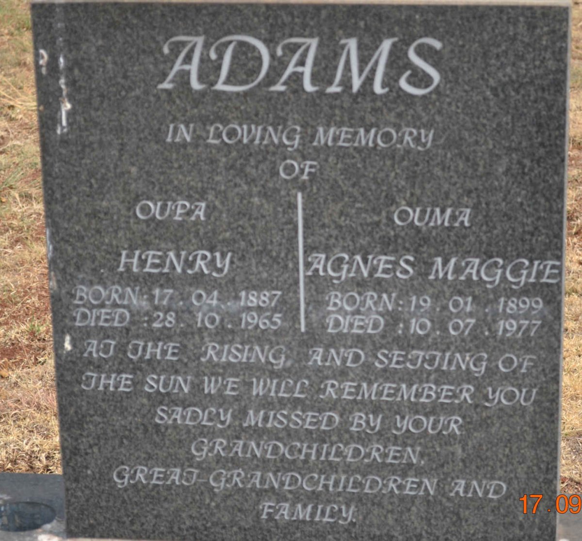 ADAMS Henry 1887-1965 &amp; Agnes Maggie 1899-1977