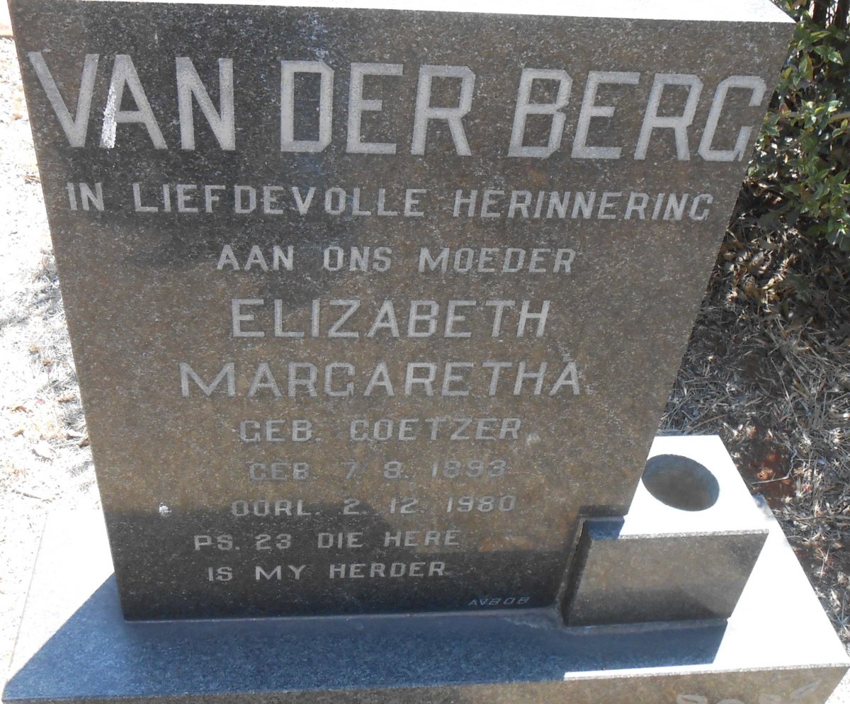 BERG Elizabeth Margaretha, van der nee COETZER 1893-1980