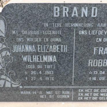 BRAND Frans Robbert 1905-1980 &amp; Johanna Elizabeth Wilhelmina DU TOIT 1907-1976