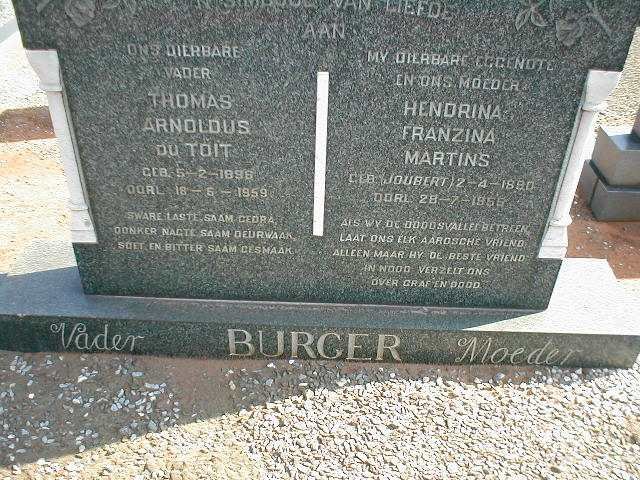 BURGER Thomas Arnoldus du Toit 1896-1959 &amp; Hendrina Franzina Martins JOUBERT 1890-1955