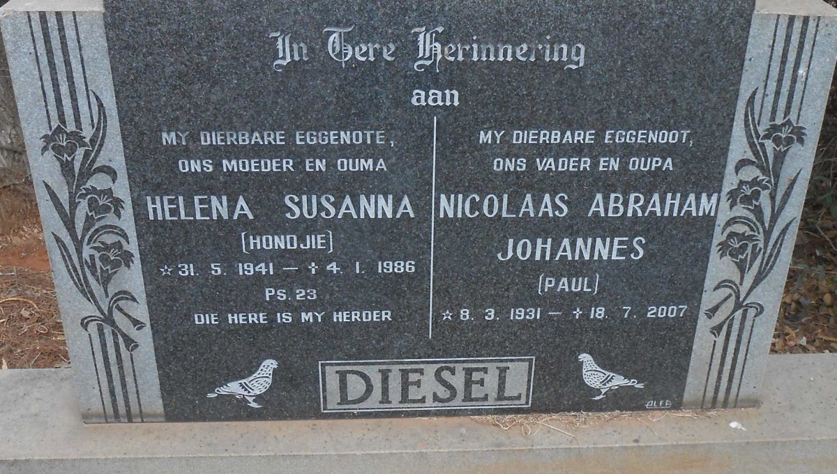 DIESEL Nicolaas Abraham Johannes 1931-2007 &amp; Helena Susanna 1941-1986