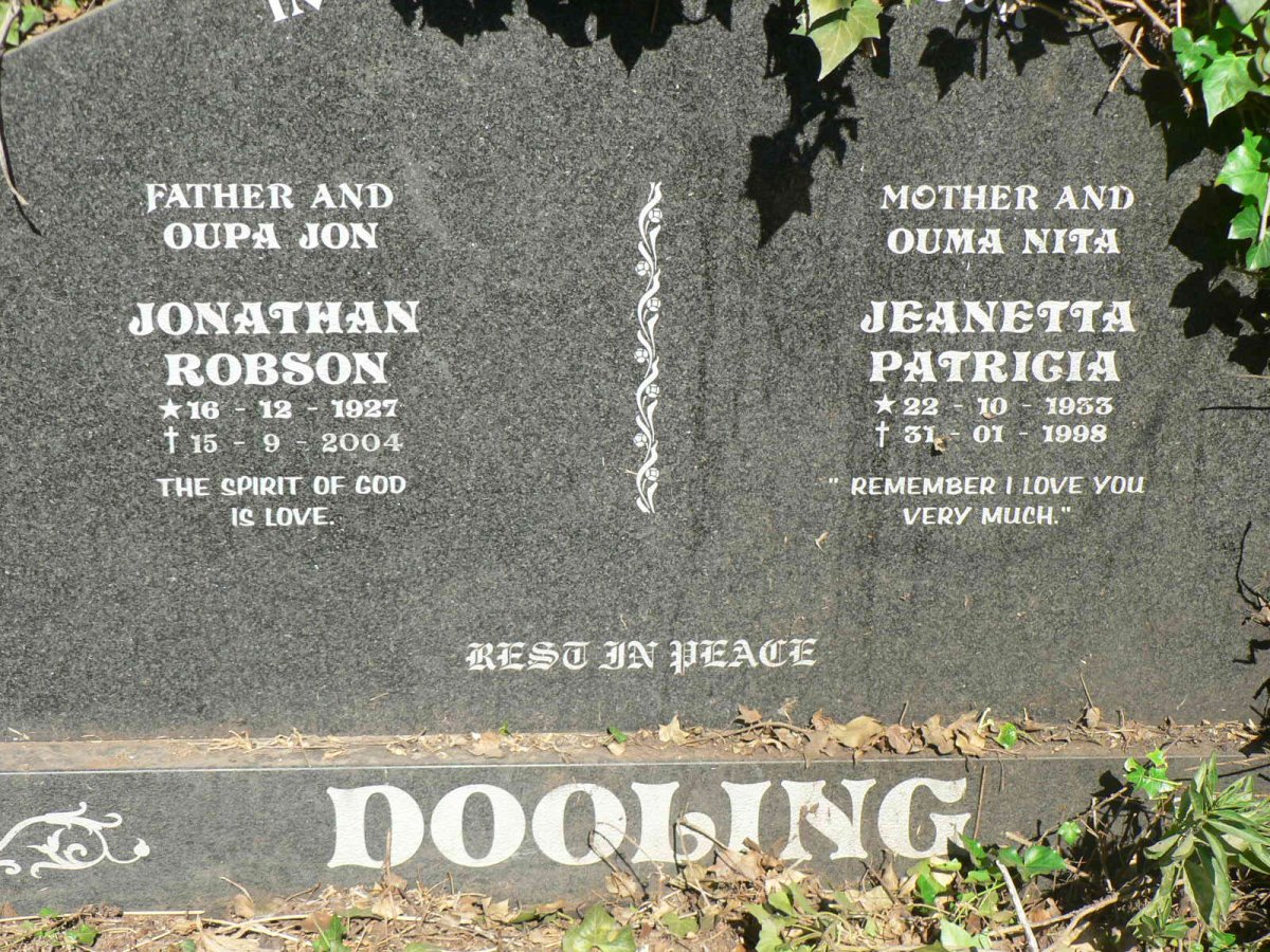 DOOLING Jonathan Robson 1927-2004 &amp; Jeanetta Patricia 1933-1998