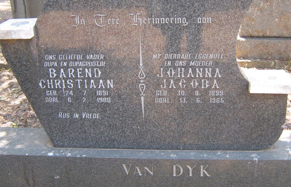 DYK Barend Christiaan, van 1891-1980 &amp; Johanna Jacoba 1899-1965