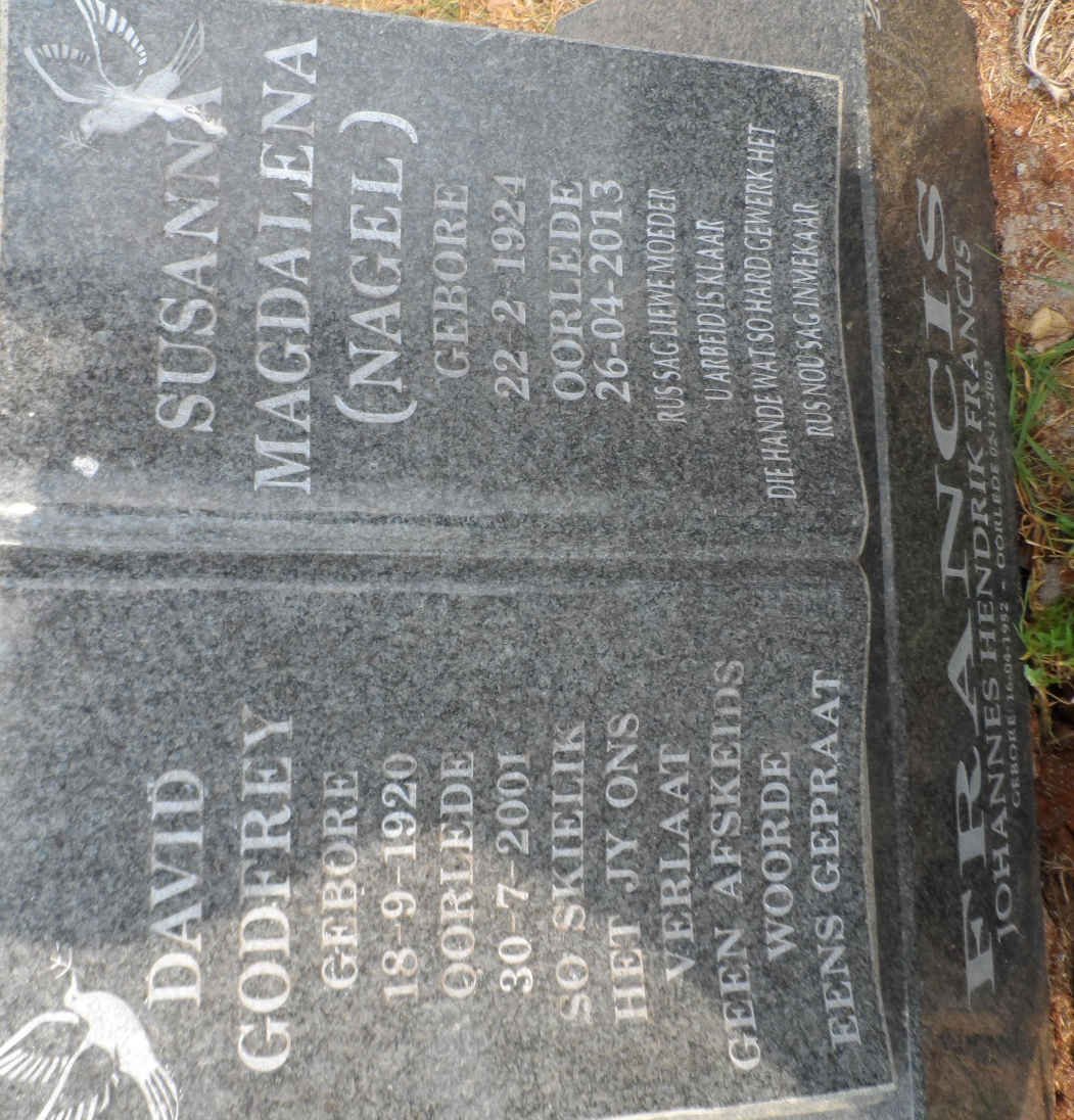 FRANCIS David Godfrey 1920-2001 &amp; Susanna Magdalena NAGEL 1924-2013 :: FRANCIS Johannes Hendrik 1952-2003