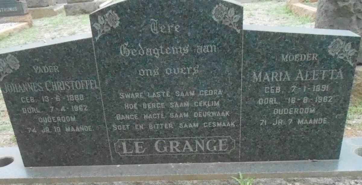 GRANGE Johannes Christoffel, le 1888-1962 &amp; Maria Aletta 1891-1962