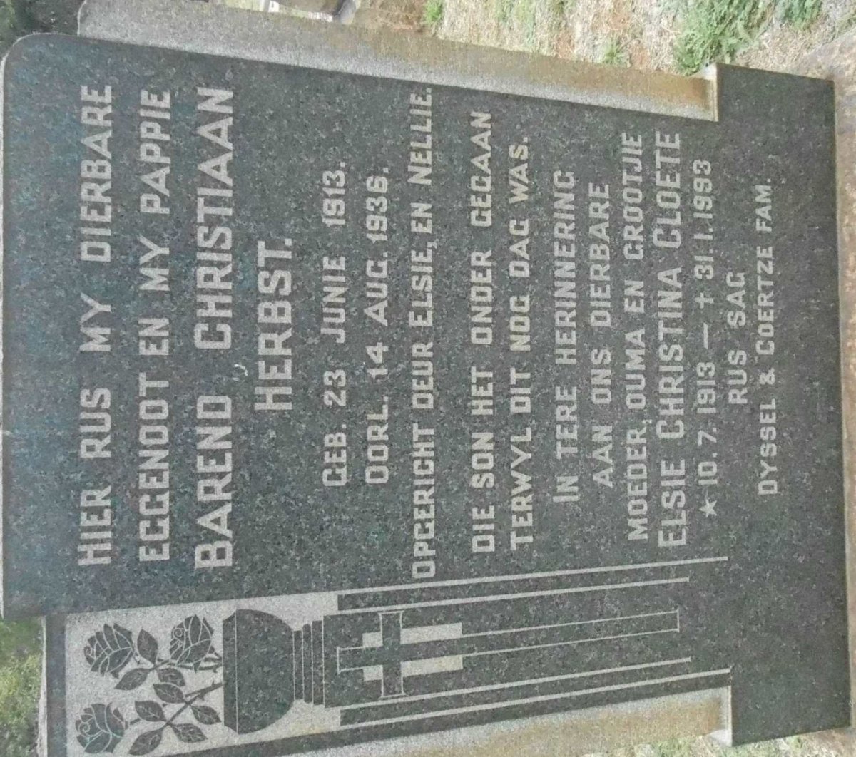 HERBST Barend Christiaan 1913-1936 &amp;  Elsie Christina CLOETE 1913-1993