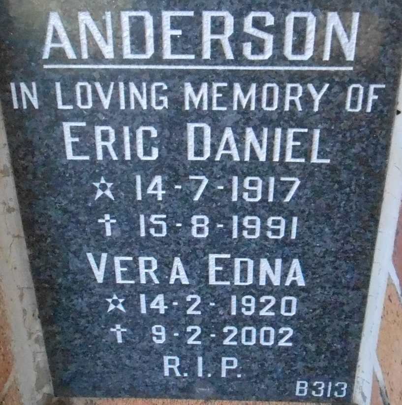 ANDERSON Eric Daniel 1917-1991 &amp; Vera Edna 1920-2002