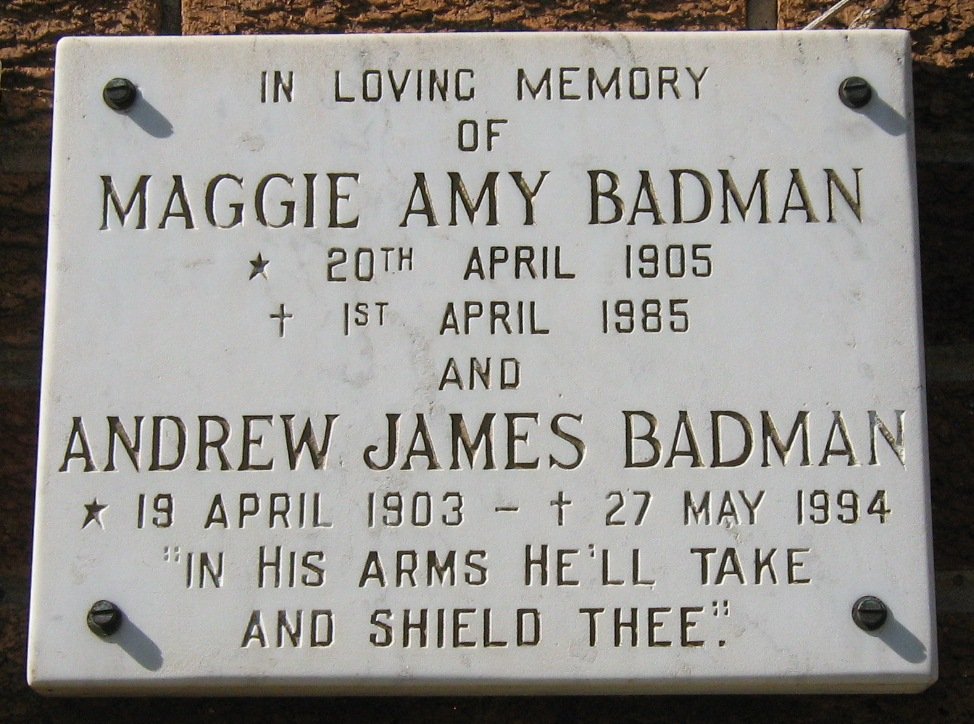 BADMAN Andrew James 1903-1994 &amp; Maggie Amy 1905-1985