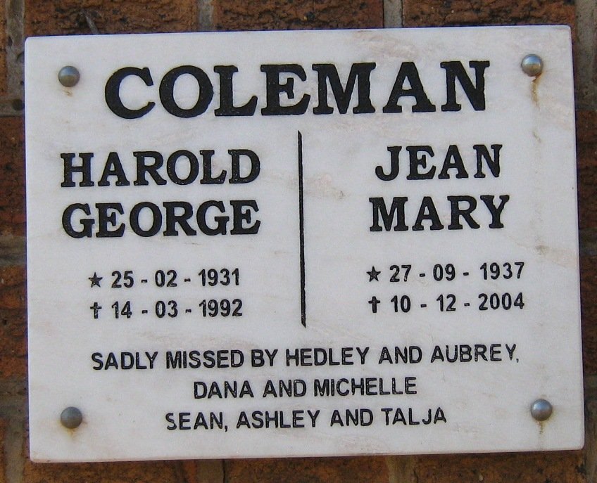 COLEMAN Harold George 1931-1992 &amp; Jean Mary 1937-2004